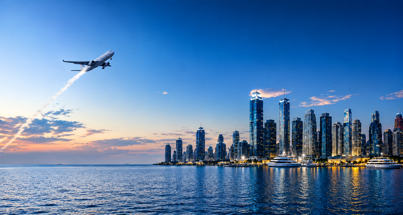 Airliner ascending over a luxury waterfront skyline and marina at dusk