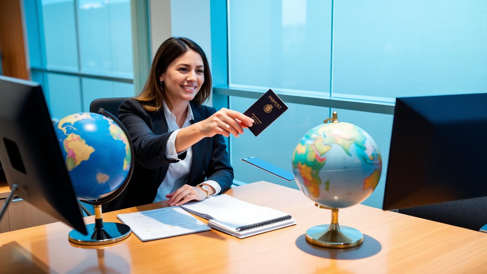 Travel consultant reviewing visa documents with a client